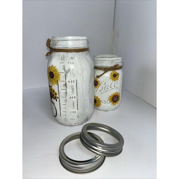 2 Ball Mason Jars Hand Painted Summer Bicycle Sunflowers 32oz & 16oz With Bands - Picture 5 of 16